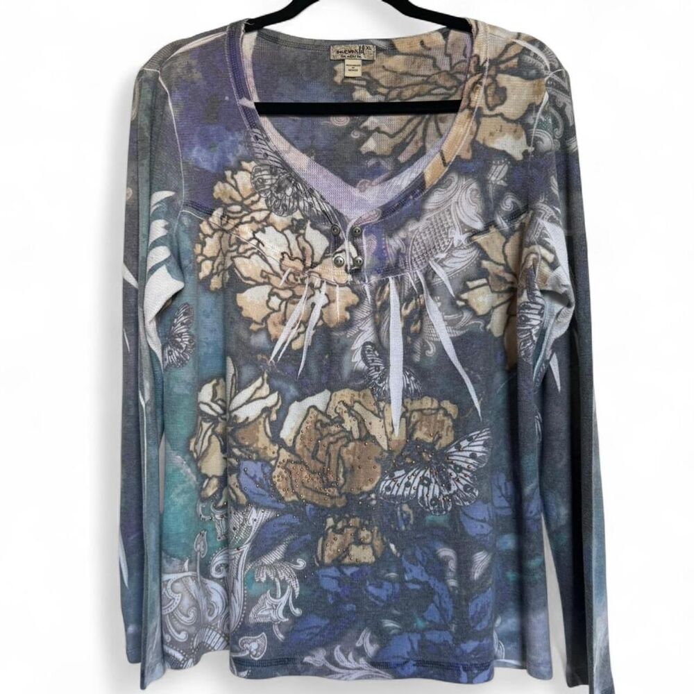 Women's Mixed media long sleeve Henley style top, size XL Fairycore